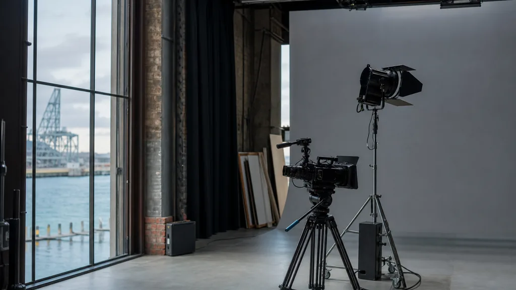 Editorial photograph of a film studio interior in a converted dockside warehouse with a lighting rig, cinema camera on a tripod and a grey cyclorama wall in cool maritime daylight