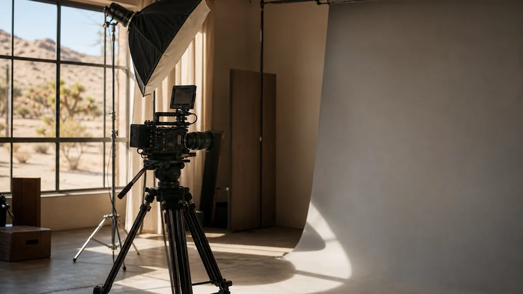 Editorial photograph of a desert-toned production studio interior with a lighting rig, cinema camera on a tripod and a grey cyclorama wall in bright southwestern daylight
