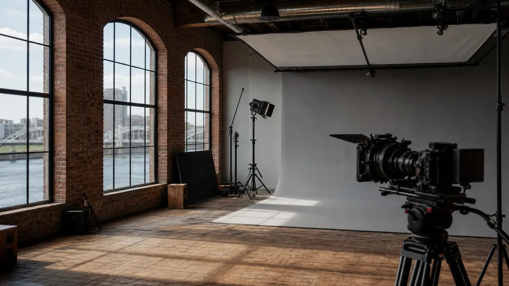Editorial photograph of a film studio interior in a converted riverside brick warehouse with a lighting rig, cinema camera on a tripod and a grey cyclorama wall in soft midwestern daylight