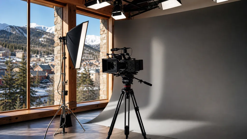 Editorial photograph of a mountain-town production studio interior with a lighting rig, cinema camera on a tripod and a grey cyclorama wall in crisp high-altitude daylight