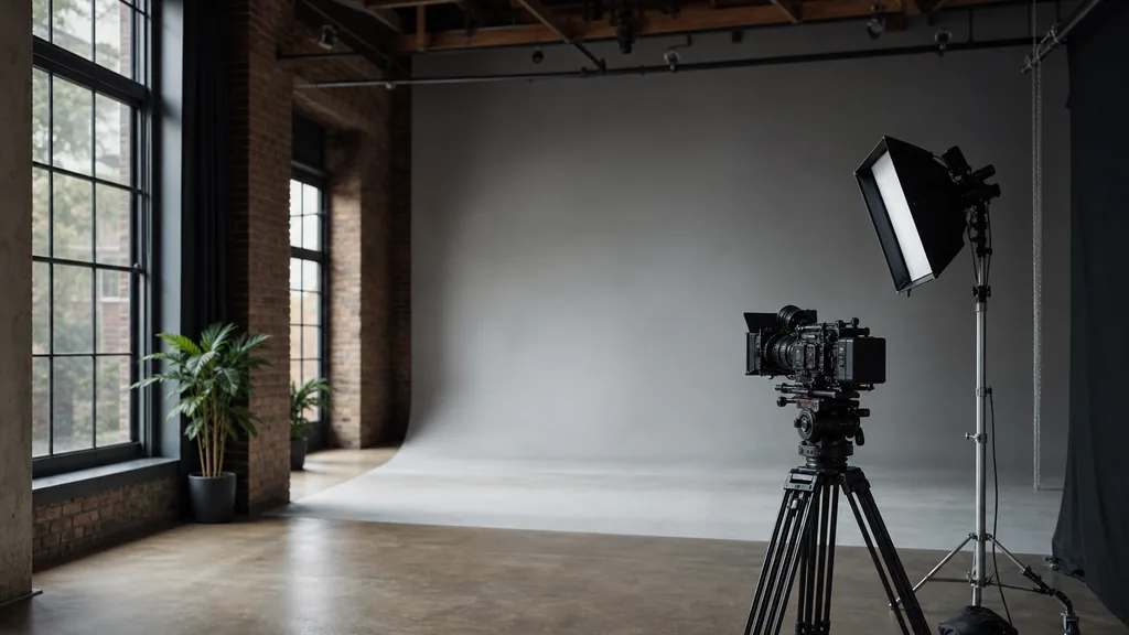 Editorial photograph of a film studio interior in a converted brick warehouse with a lighting rig, cinema camera on a tripod and a grey cyclorama wall in soft northern daylight