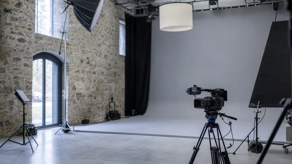 Editorial photograph of a film studio interior in a converted stone building with a lighting rig, cinema camera on a tripod and a grey cyclorama wall in cool northern daylight
