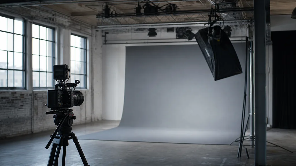 Editorial photograph of a film studio interior in a converted industrial bond warehouse with a lighting rig, cinema camera on a tripod and a grey cyclorama wall in cool overcast daylight