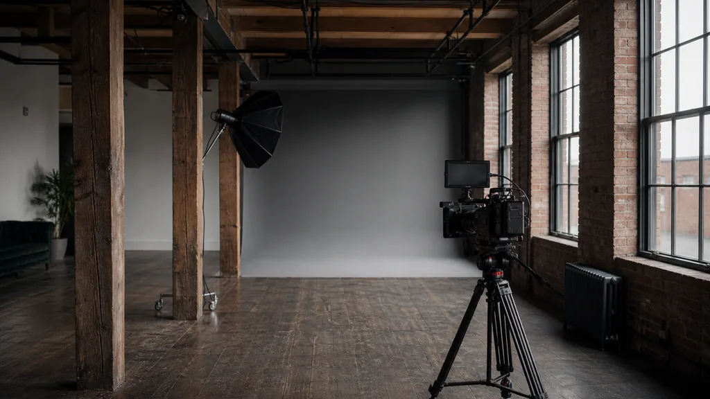Editorial photograph of a film studio interior in a converted Yorkshire mill with a lighting rig, cinema camera on a tripod and a grey cyclorama wall in soft northern daylight