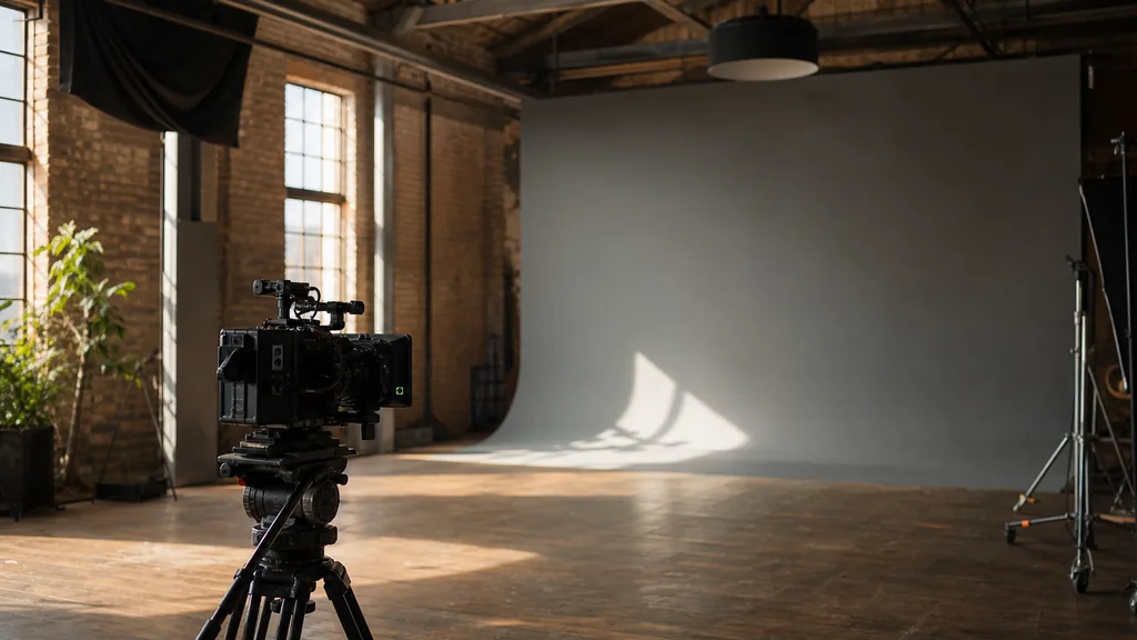Editorial photograph of a film studio interior in a converted tobacco warehouse with a lighting rig, cinema camera on a tripod and a grey cyclorama wall in warm southern daylight