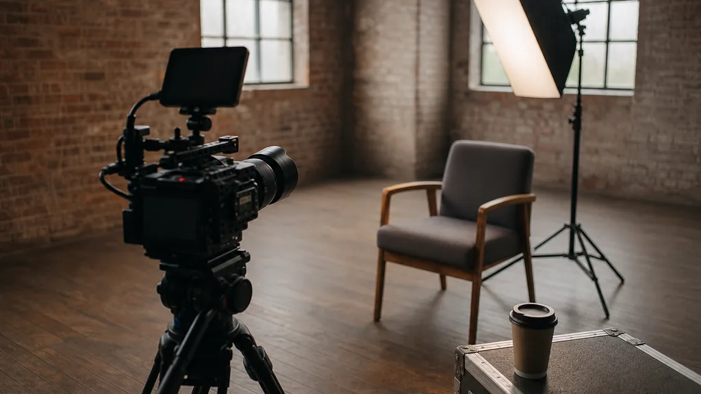 Editorial photograph of a cinema camera on a tripod facing an empty interview chair in a converted brick warehouse studio lit by a single softbox