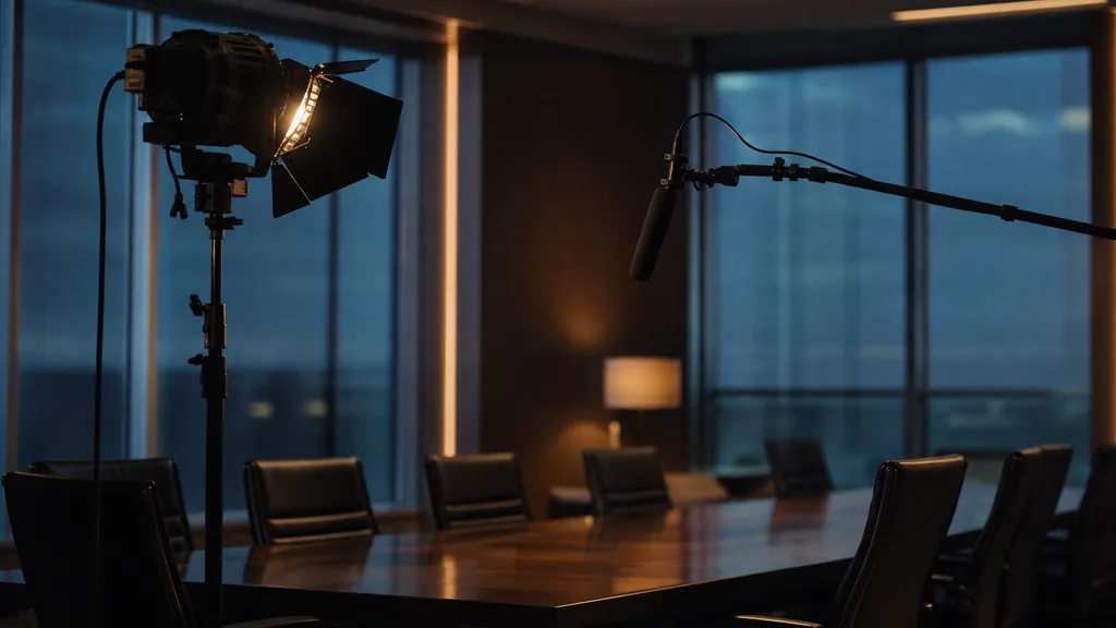 Editorial photograph of a lighting stand and boom microphone set up in an empty modern boardroom at dusk with cold window light against warm practical lamps