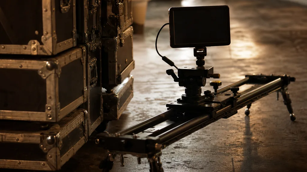 Editorial photograph of a camera slider and monitor set up on a workshop floor beside stacked equipment cases under warm tungsten light