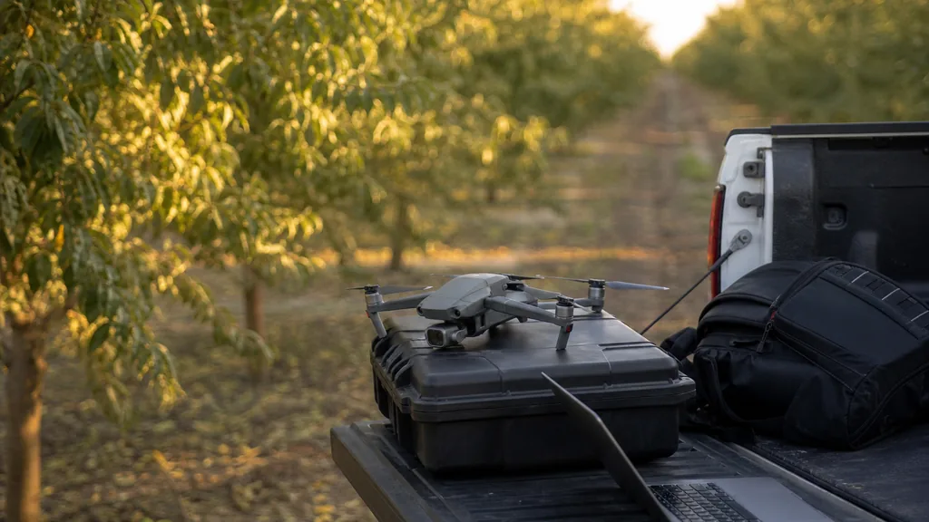 Editorial photograph of a drone resting on an equipment case at the edge of an orchard at golden hour with a camera bag and open laptop on a tailgate