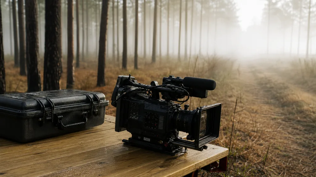 Editorial photograph of a shoulder-mounted cinema camera and a drone case resting on a pine tailgate at the edge of a longleaf pine treeline in early morning light