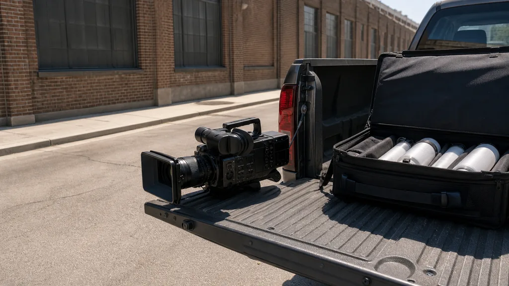 Editorial photograph of a shoulder-mounted cinema camera and a lighting case on the tailgate of a pickup outside a low brick industrial building on a wide sunlit street