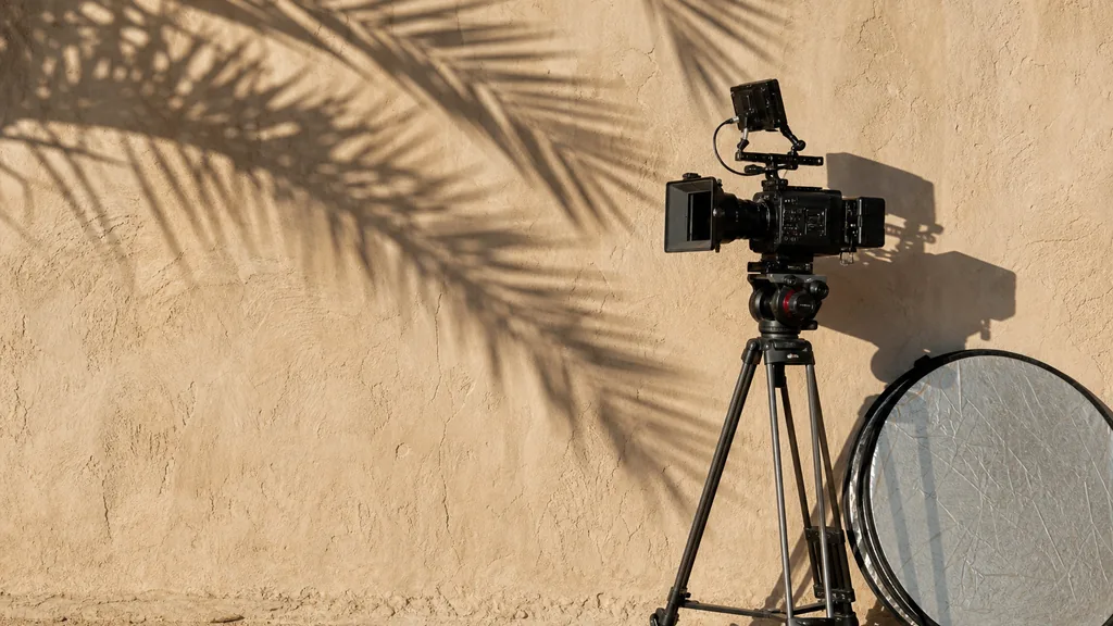 Editorial photograph of a cinema camera on a tripod and a folded reflector beside a stucco wall in strong desert morning light with a palm shadow across the frame