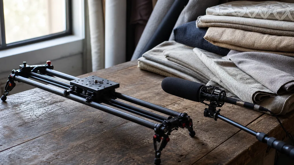 Editorial photograph of a camera slider and a boom microphone resting on a worn wooden workshop bench beside stacked upholstery fabric in soft window light