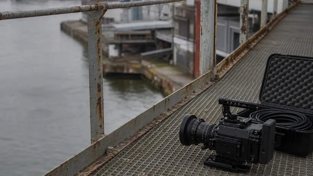 Editorial photograph of a cinema camera and a coiled cable case on a steel gantry walkway above an old industrial harbour in flat grey morning light