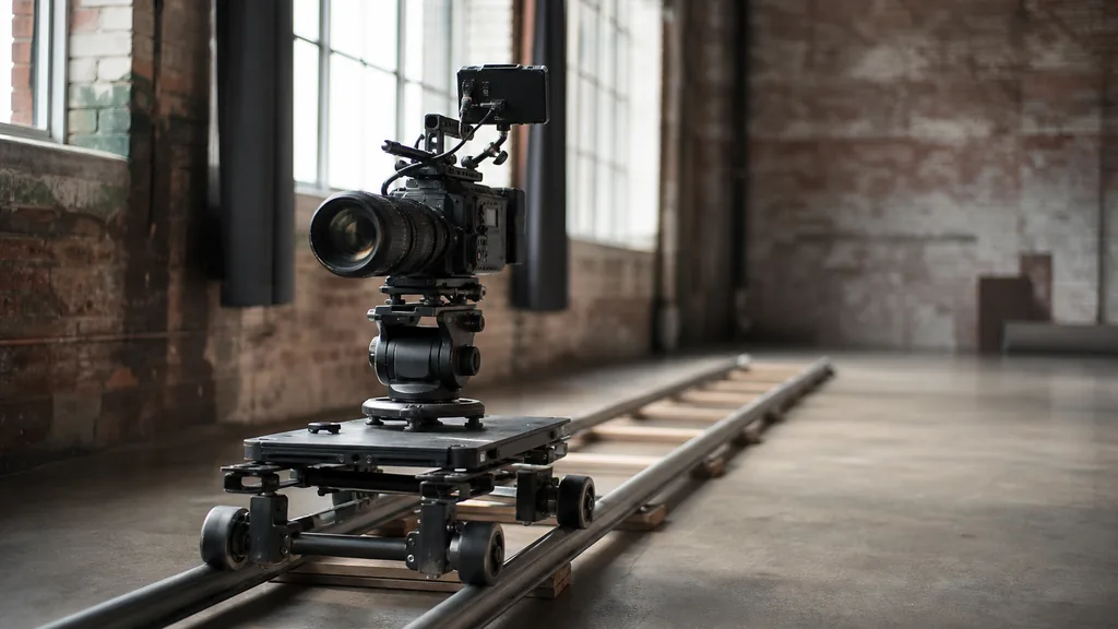 Editorial photograph of a professional video camera on a dolly track inside a converted brick factory studio with tall windows and soft northern light