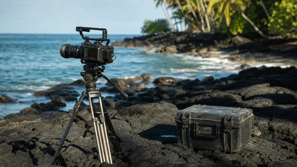 Editorial photograph of a cinema camera on a tripod and a weathered equipment case on a black lava shoreline with palm shadows in bright tropical morning light