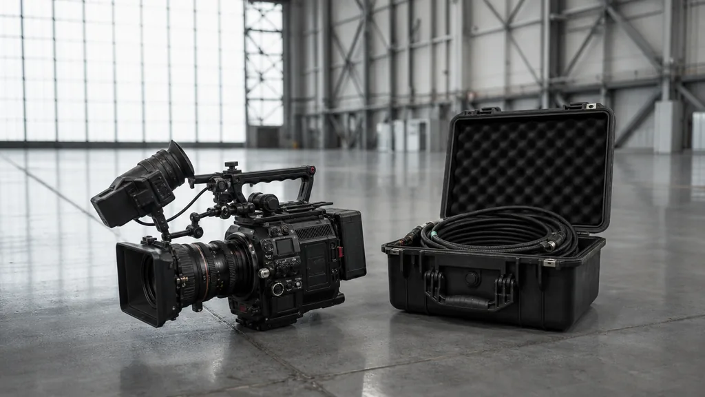 Editorial photograph of a cinema camera and a coiled cable case on a polished concrete floor inside a high-ceilinged engineering hangar in cool daylight