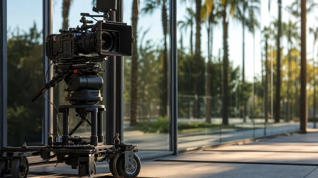 Editorial photograph of a professional video camera on a dolly beside a glass office facade with tall palms reflected in the windows in bright afternoon light