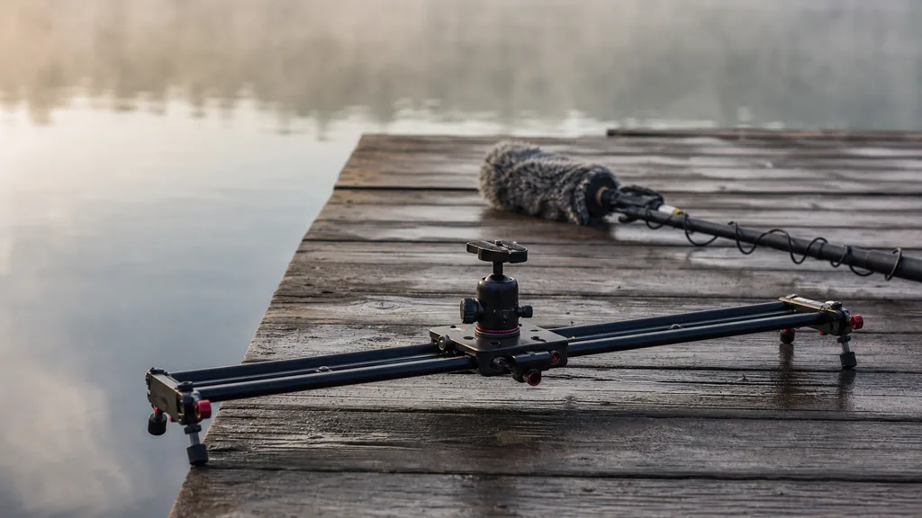 Editorial photograph of a camera slider and a boom microphone on a weathered dock beside still water in soft humid morning light