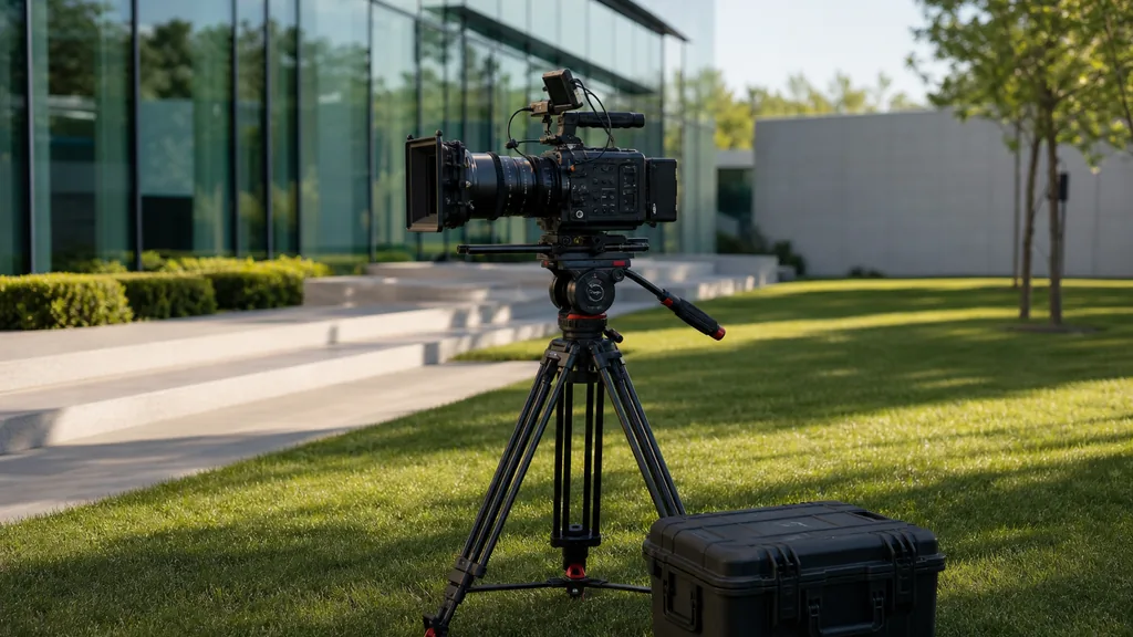 Editorial photograph of a cinema camera on a tripod and an equipment case on a manicured lawn beside a modern glass corporate building in bright afternoon light