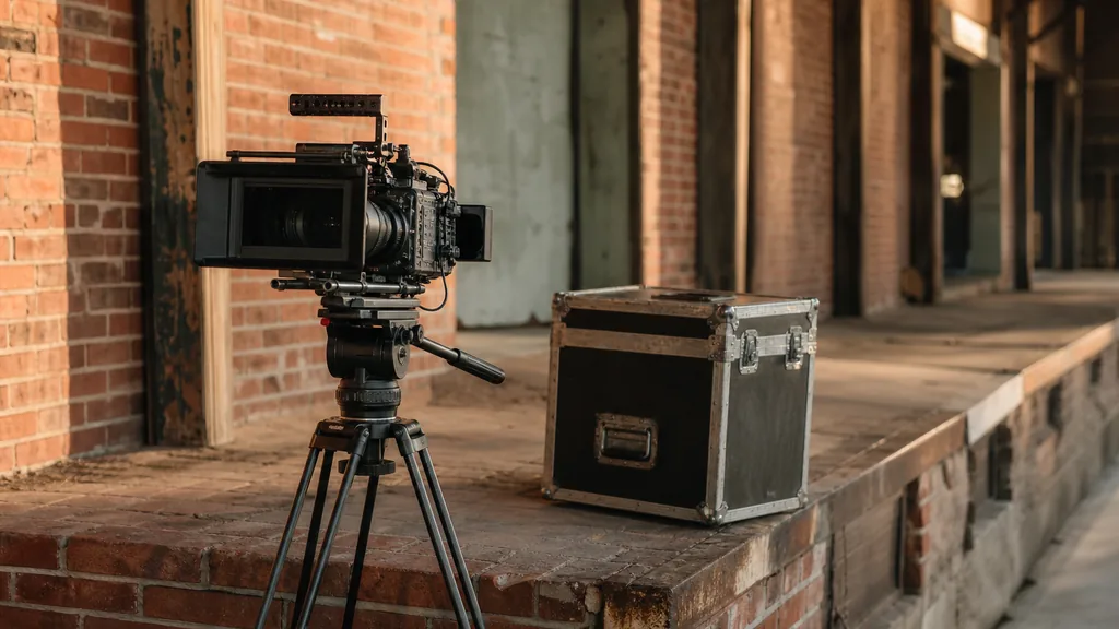Editorial photograph of a cinema camera on a tripod and a weathered equipment case on a brick loading dock in a converted warehouse district in warm late afternoon light