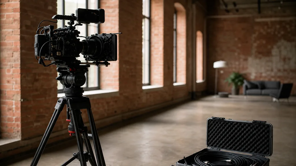 Editorial photograph of a cinema camera on a tripod and a coiled cable case inside a converted red brick factory studio with tall windows in soft daylight