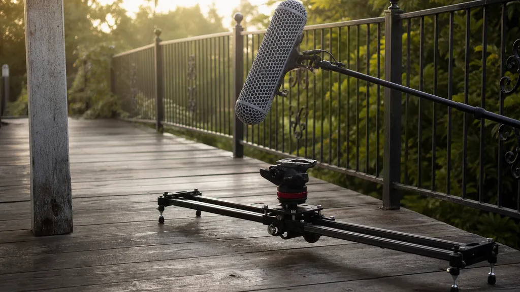 Editorial photograph of a camera slider and a boom microphone on a weathered wooden porch beside iron railings with humid golden morning light