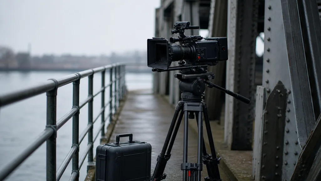 Editorial photograph of a cinema camera on a tripod and an equipment case on a steel riverside walkway beside industrial girders in cool overcast light