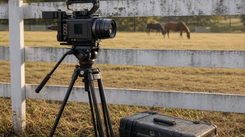 Editorial photograph of a cinema camera on a tripod and a weathered equipment case beside a white plank fence at the edge of a horse pasture in warm early morning light