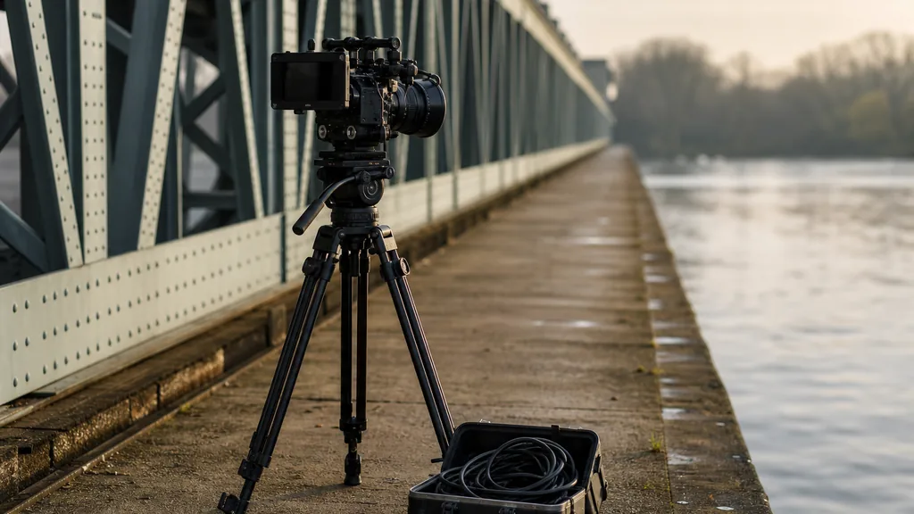 Editorial photograph of a cinema camera on a tripod and a coiled cable case on a riverside concrete walkway beside a steel bridge in soft morning light