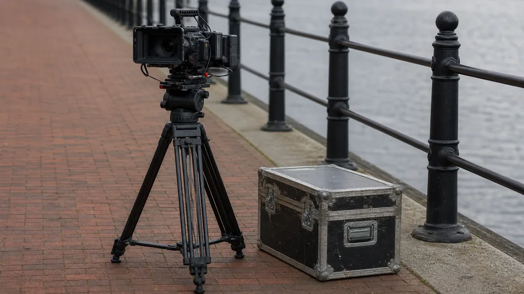 Editorial photograph of a cinema camera on a tripod and a weathered flight case on a red brick dockside walkway beside cast iron railings in cool overcast light