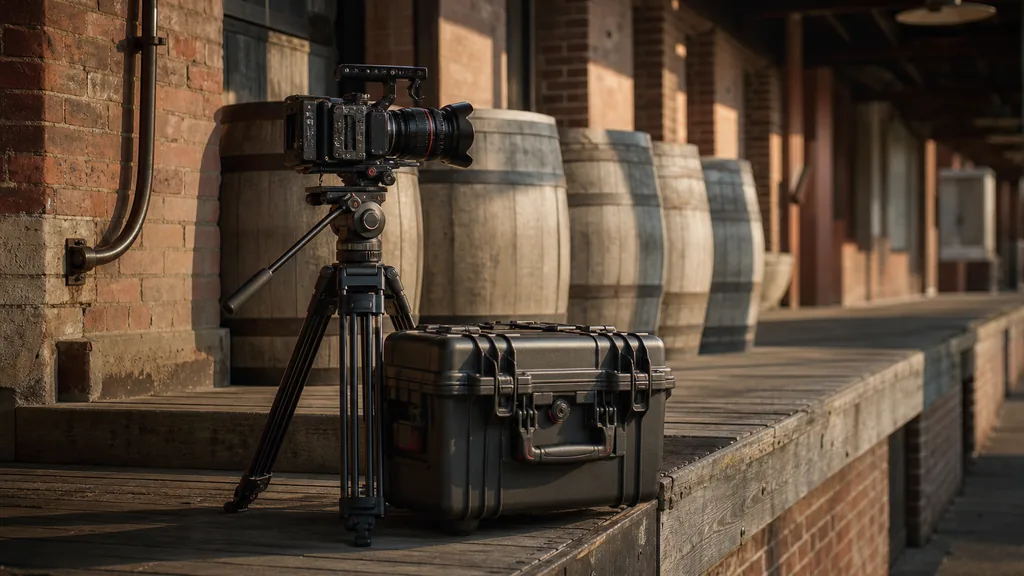Editorial photograph of a cinema camera on a tripod and an equipment case on a brick warehouse loading dock beside white oak barrels in warm late afternoon light