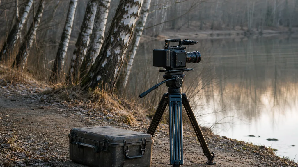 Editorial photograph of a cinema camera on a tripod and a weathered equipment case on a lakeside path beside bare birch trees in cool winter morning light