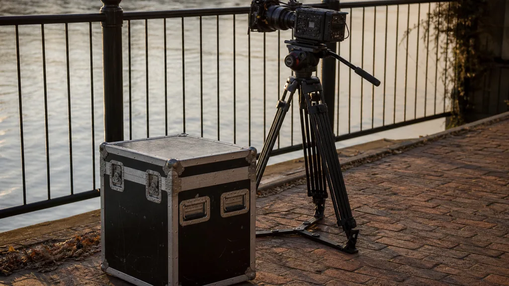 Editorial photograph of a cinema camera on a tripod and a scuffed flight case on a brick riverfront walkway beside iron railings in warm late afternoon light