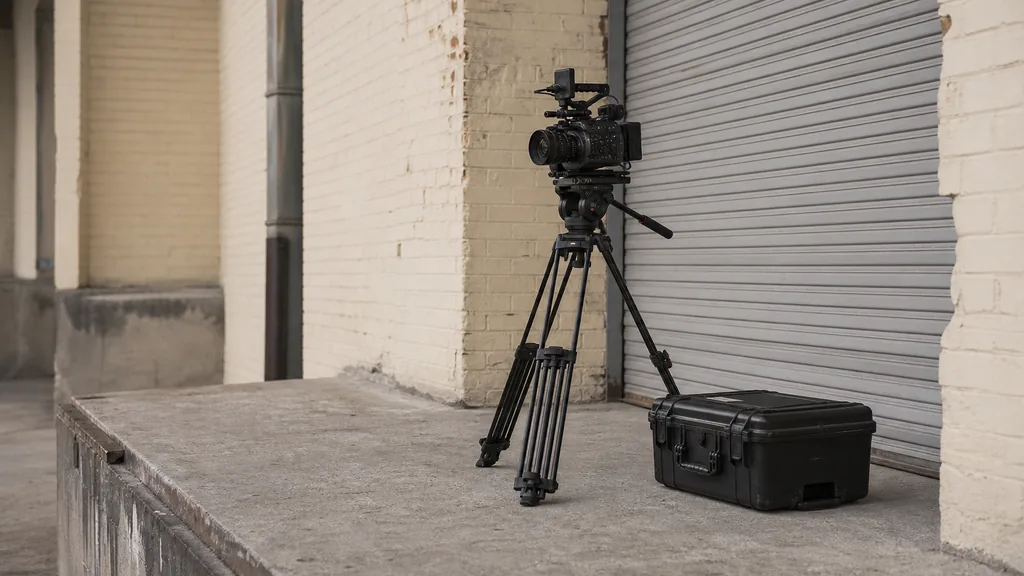 Editorial photograph of a cinema camera on a tripod and an equipment case on a cream brick warehouse loading dock beside a steel roller door in soft overcast light