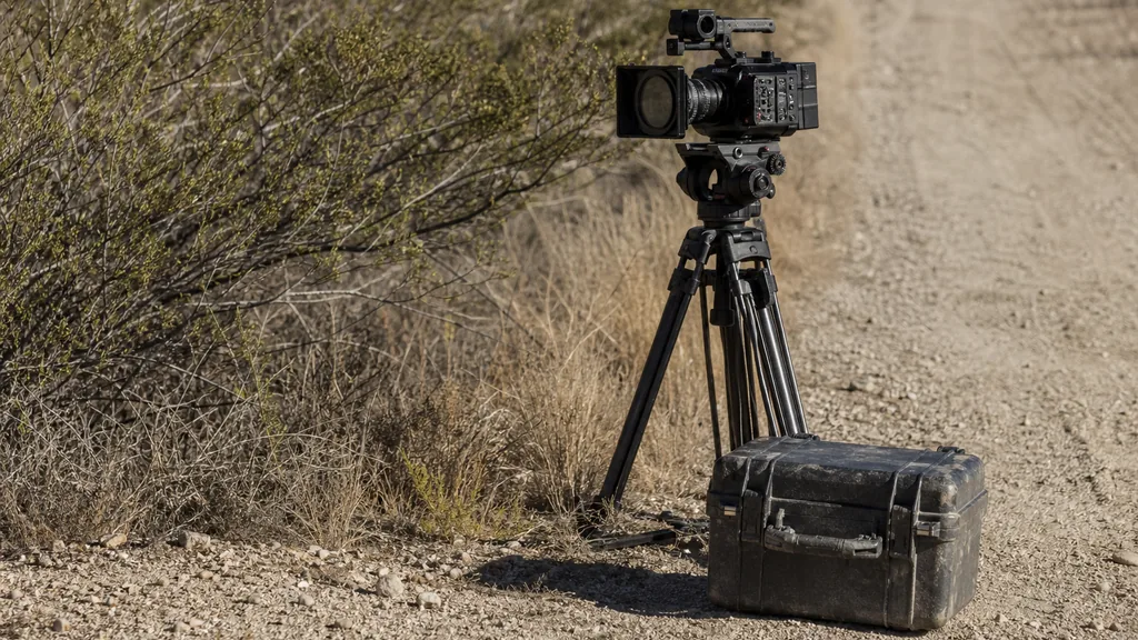 Editorial photograph of a cinema camera on a tripod and a dusty equipment case on a desert road shoulder beside low creosote scrub in hard late morning light