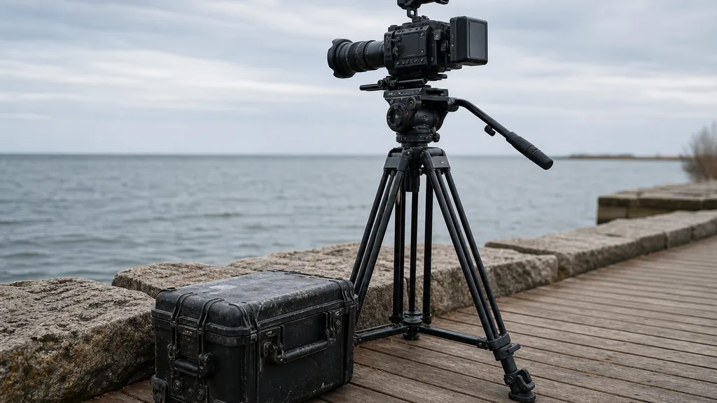 Editorial photograph of a cinema camera on a tripod and a weathered equipment case on a lakeside boardwalk beside a low stone breakwater in cool overcast light