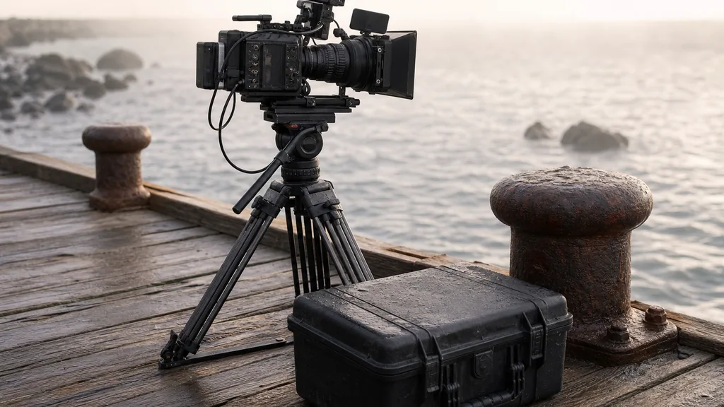 Editorial photograph of a cinema camera on a tripod and a scuffed equipment case on an industrial waterfront walkway beside shipping cranes in soft grey morning light