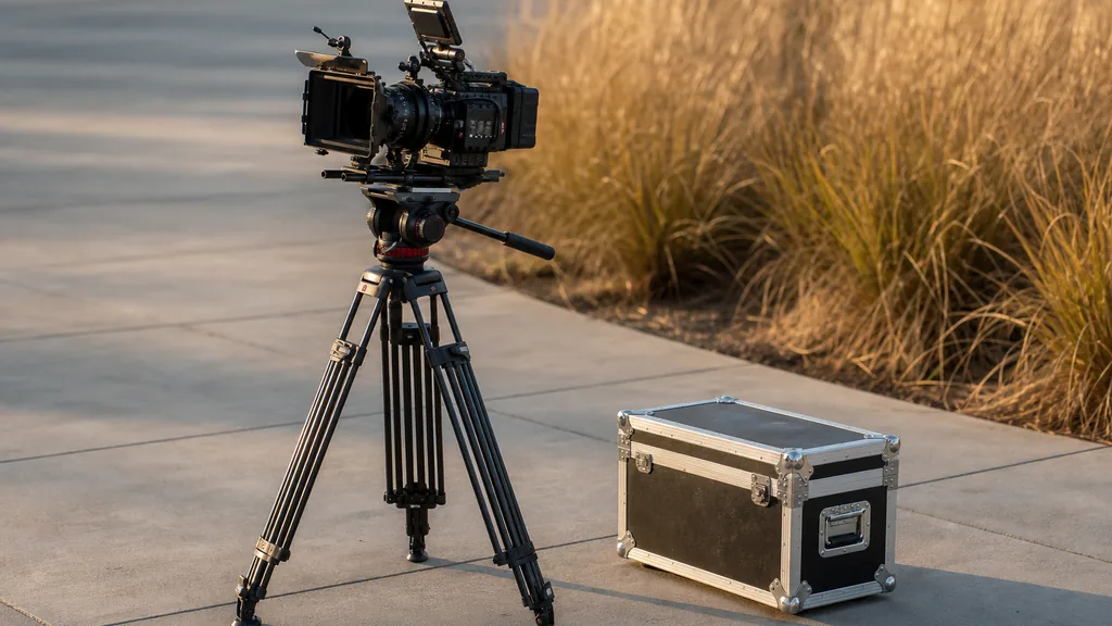 Editorial photograph of a cinema camera on a tripod and a weathered flight case on a brick warehouse district street beside a low iron railing in warm late afternoon light