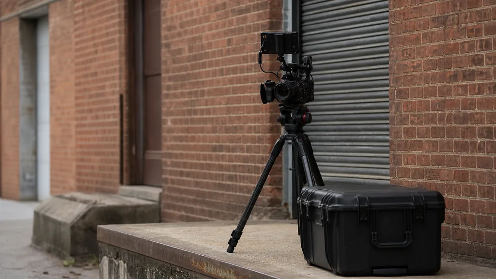 Editorial photograph of a cinema camera on a tripod and a metal equipment case on a red brick warehouse street beside a loading dock in cool overcast light