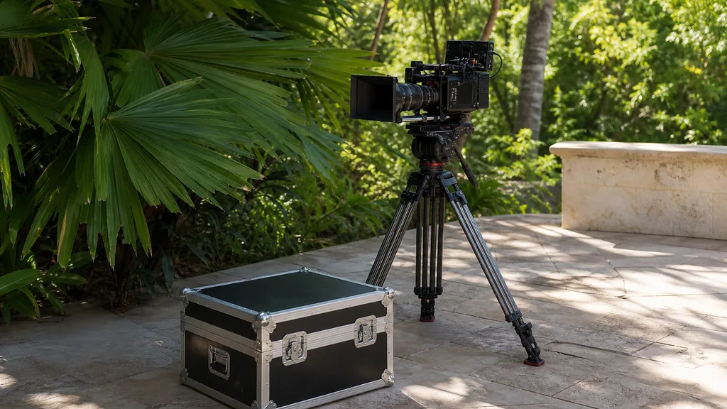Editorial photograph of a cinema camera on a tripod and a black equipment case on a palm-lined studio backlot road beside a low white wall in bright humid afternoon light