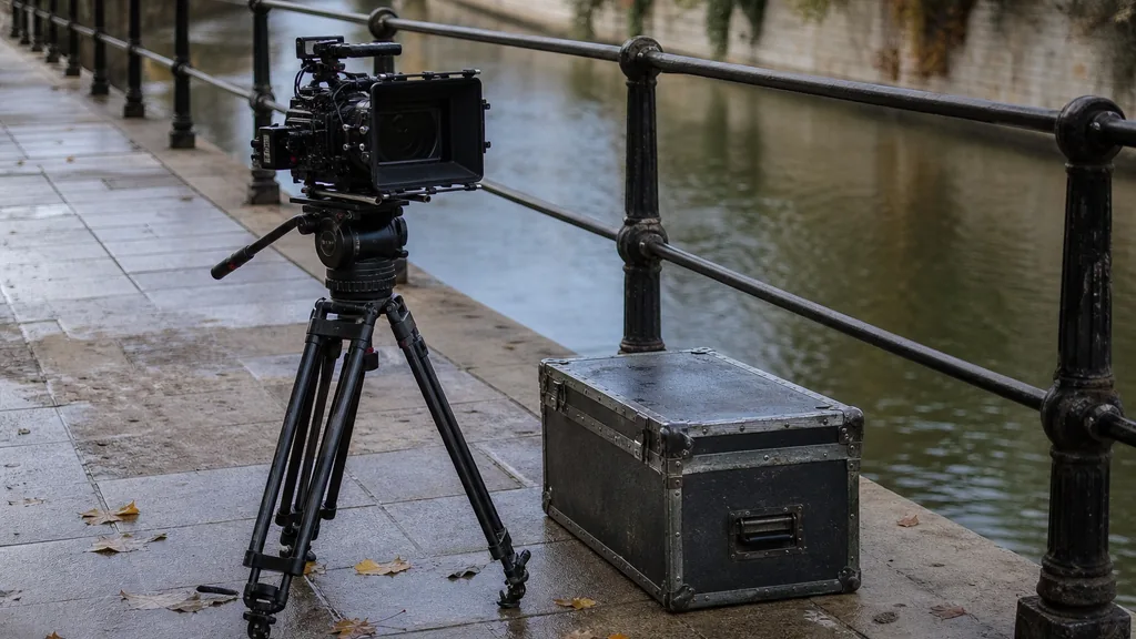 Editorial photograph of a cinema camera on a tripod and a grey equipment case on a limestone government building forecourt beside a stone balustrade in crisp autumn light