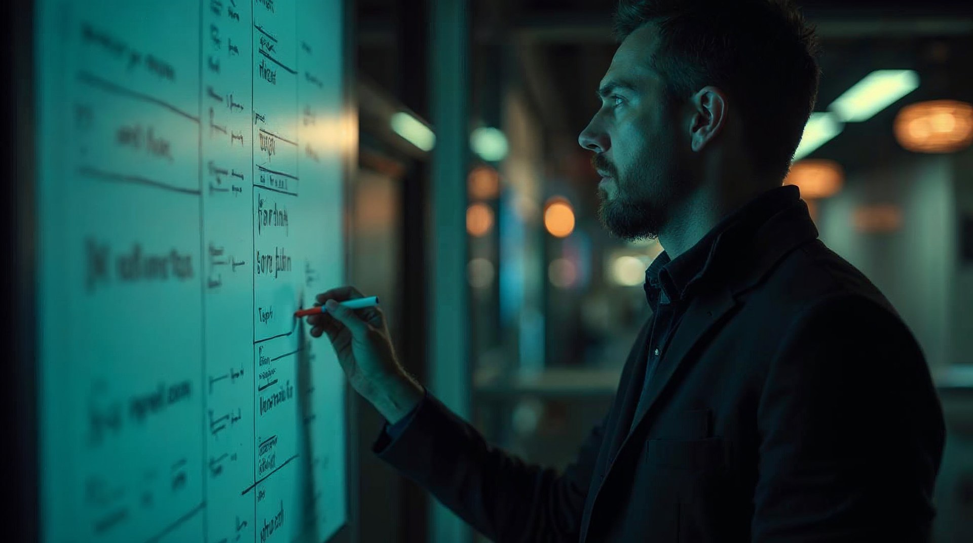 Payments engineer at a whiteboard covered in ledger diagrams in a dim office at night with city glow behind him