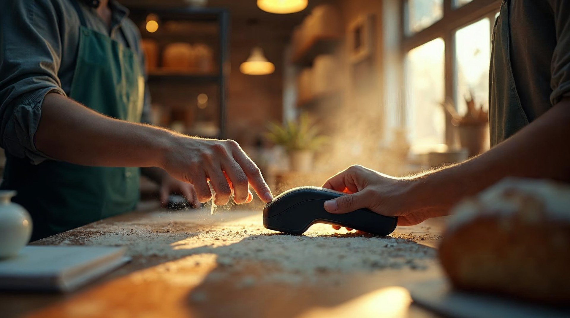 Bakery owner tapping a card reader on the counter at opening hour with flour dust caught in low sunlight