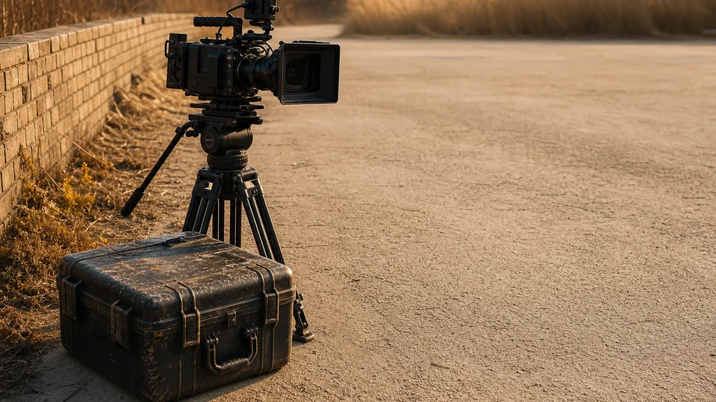 Editorial photograph of a cinema camera on a tripod and a scuffed equipment case on a wide flat West Texas street beside a low brick wall in dry golden late afternoon light