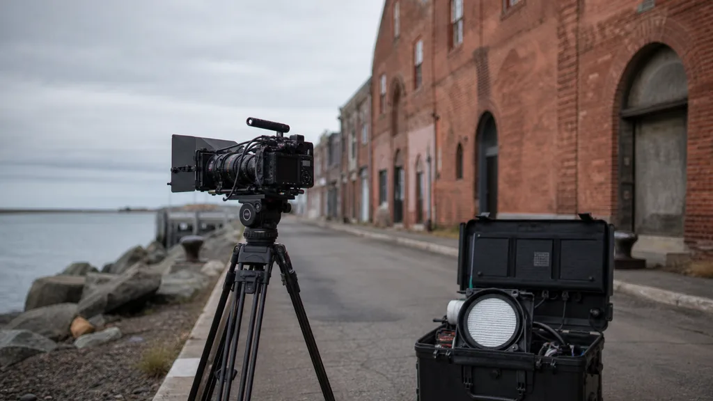 Editorial photograph of a cinema camera on a tripod and a lighting case on a downtown waterfront street with brick warehouses and a grey harbour sky behind