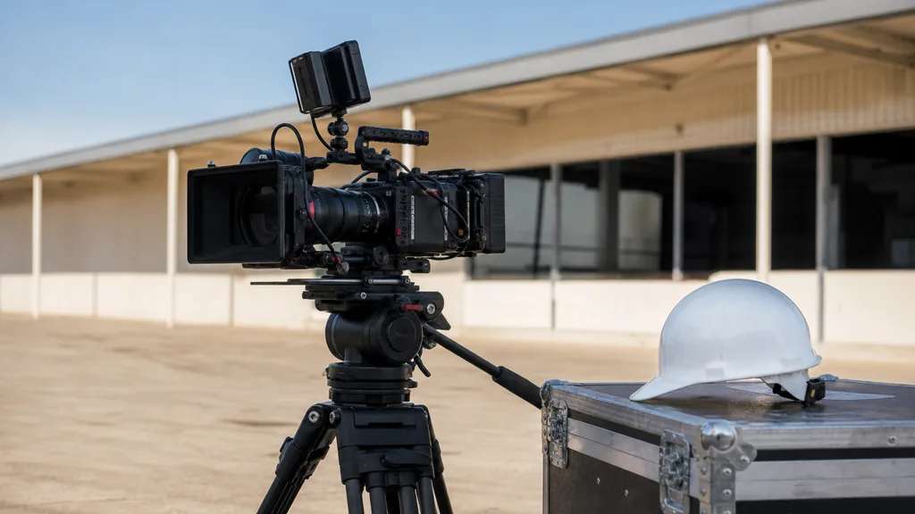 Editorial photograph of a cinema camera on a tripod beside a hard hat and a flight case on a sunlit industrial forecourt with a low warehouse and clear blue sky
