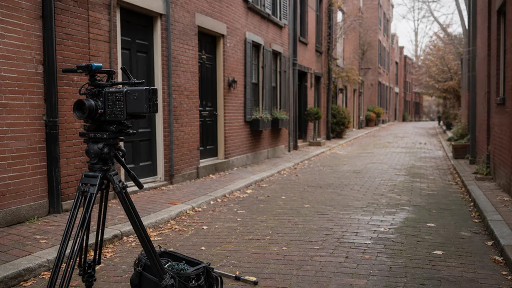 Editorial photograph of a cinema camera on a tripod and a sound bag on a narrow New England street of red brick row buildings in soft overcast morning light