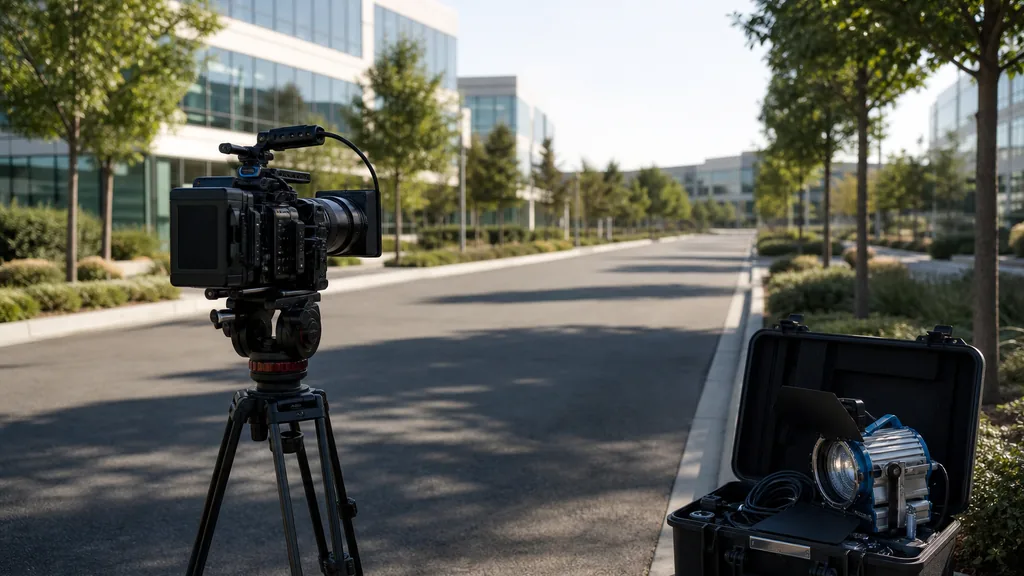 Editorial photograph of a cinema camera on a tripod and a lighting case on a wide suburban corporate boulevard with low glass office buildings and clipped landscaping in bright morning light