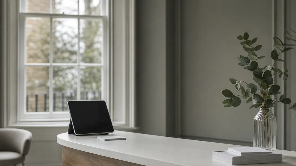 Editorial photograph of a quiet modern dental reception desk with a tablet and appointment cards beside a tall Georgian sash window in soft grey London morning light